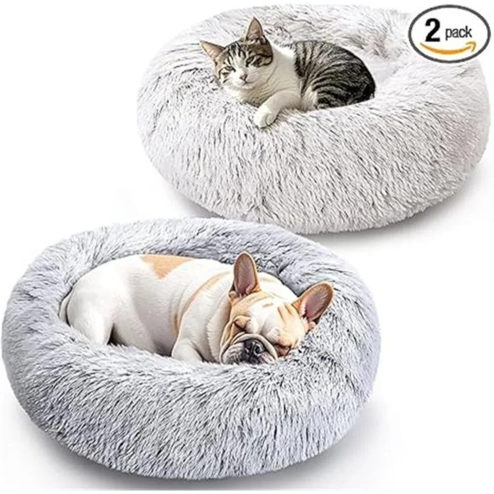 Dog Cat Bed 2 Pack Medium Donut Calming Round Fluffy Washable Pet Bed Grey White